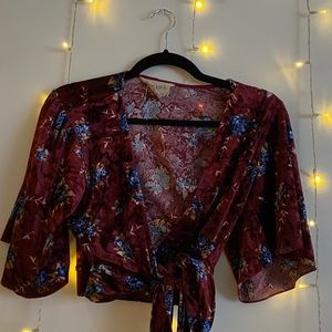 Velvet maroon front tie crop top.